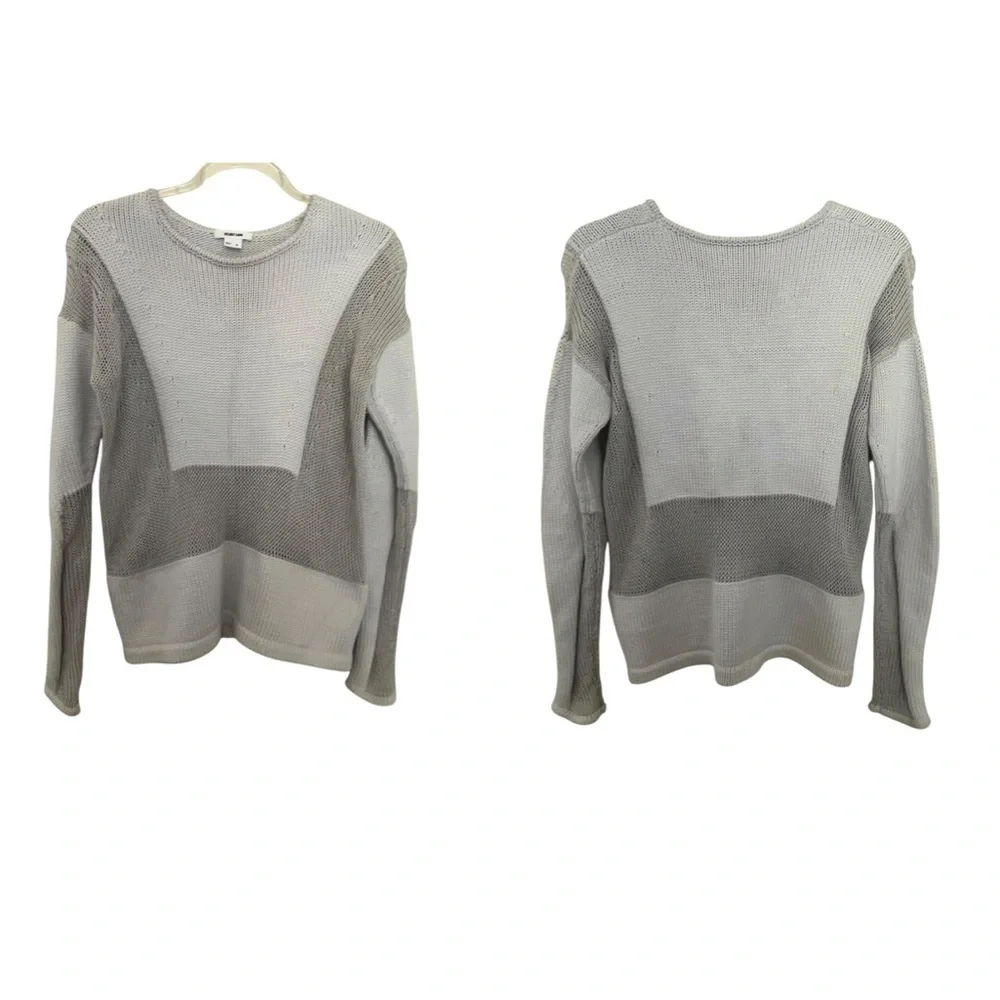Helmut Lang Sheer Gray Knit Crochet Popover Colorblock Wool Blend Sweater SZ S
